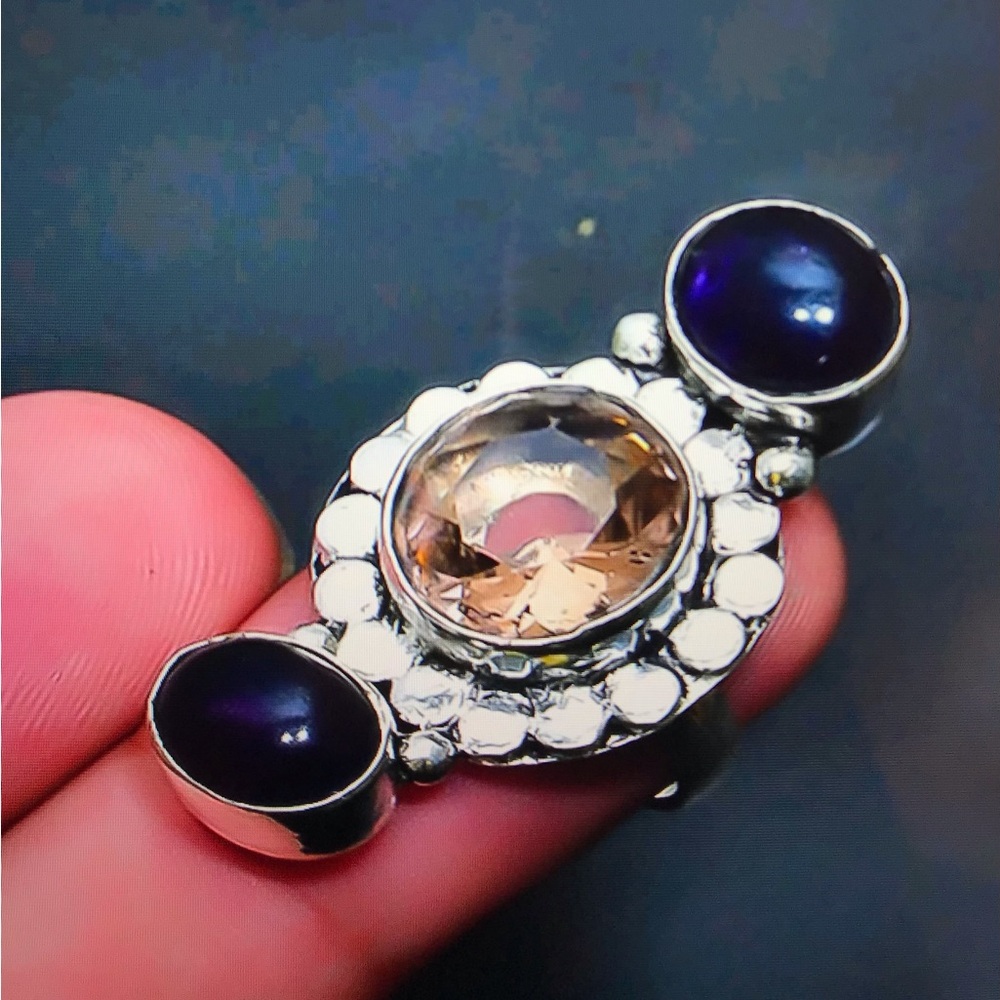 Morganite Blue Sapphire Stamped 925 Sterling Silver Ring